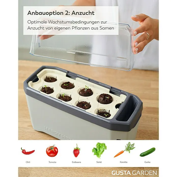 Gusta Garden Anzucht-Set Stadtkräutergarten Set - 6 -tlg., Hellgrau - Das Bild zeigt ein Anzuchtset mit verschiedenen Gemüsesorten wie Chili, Tomate, Erdbeere, Salat, Karotte und Gurke.