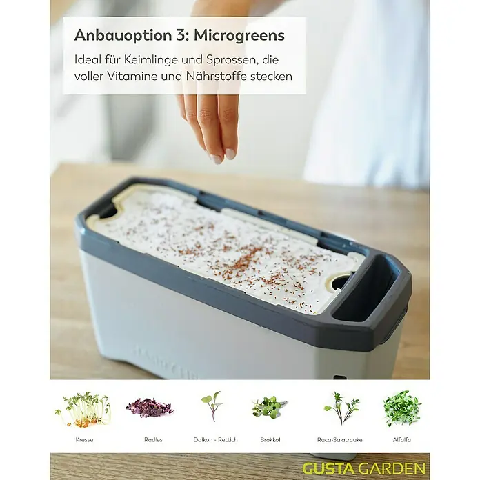 Gusta Garden Anzucht-Set Stadtkräutergarten Set - 6 -tlg., Hellgrau - Anbauoption für Microgreens: Ideal für vitaminreiche Keimlinge und Sprossen. Verschiedene Sorten wie Kresse, Radieschen und Brokkoli.