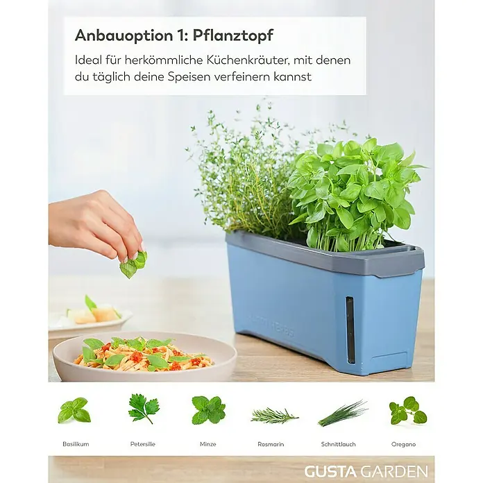 Gusta Garden Anzucht-Set Tomaten-Power - 9 -tlg., Blau - Das Bild zeigt einen Pflanztopf mit verschiedenen Kräutern, darunter Basilikum, Petersilie, Minze, Rosmarin, Schnittlauch und Oregano.