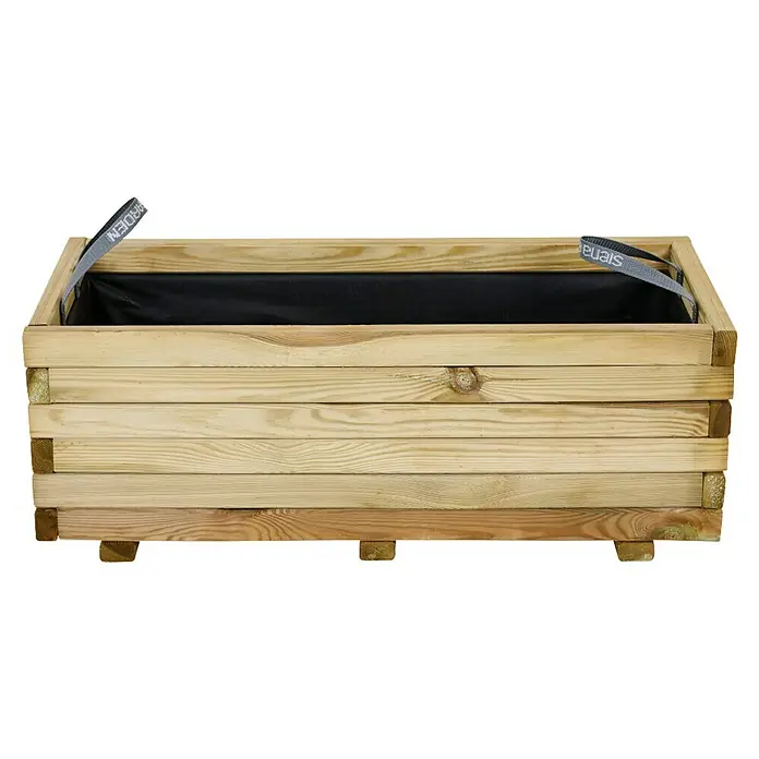 Siena Garden Pflanzkübel eckig Taunus - Außenmaß (L x B x H): 90 x 40 x 33 cm, Holz, Naturbraun - Holzpflanzgefäß mit schwarzem Einsatz und grauen Tragegurten. Ideal für Garten, Terrasse oder Balkon, um Pflanzen stilvoll zu präsentieren.