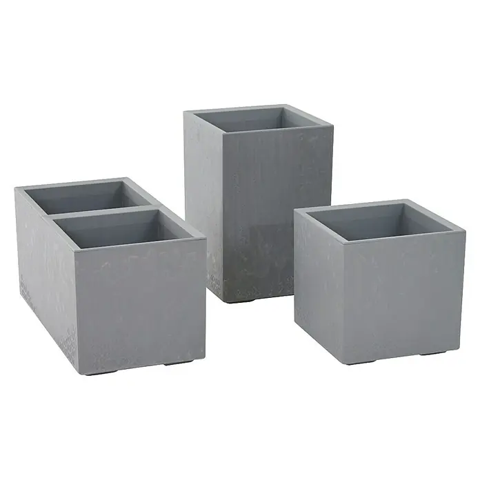 Siena Garden Pflanzkasten Faro Stone - Außenmaß (L x B x H): 40 x 80 x 40 cm, Kunststoff, Grau - Graue Pflanzgefäße aus Beton in verschiedenen Größen, darunter ein Doppelgefäß, für eine stilvolle Gartengestaltung.