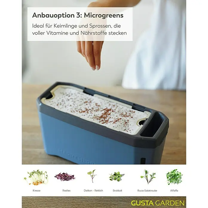 Gusta Garden Anzucht-Set Tomaten-Power - 9 -tlg., Blau - Anbauoption 3: Microgreens in einem blauen Happy Siehe Beet mit Kresse, Radieschen, Rettich, Brokkoli, Ruca-Salatrauke und Alfalfa.