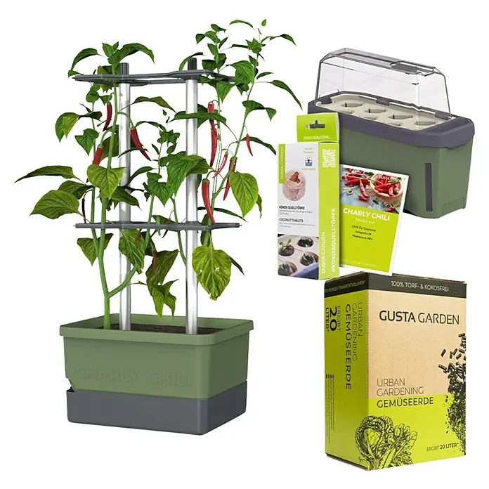 Gusta Garden Anzucht-Set Chili-Starter-Set - 5 -tlg., Dunkelgrün - Produktbild von Charly Chili Pflanzset mit Anzuchtbox, Kokostabletten und Anzuchterde.