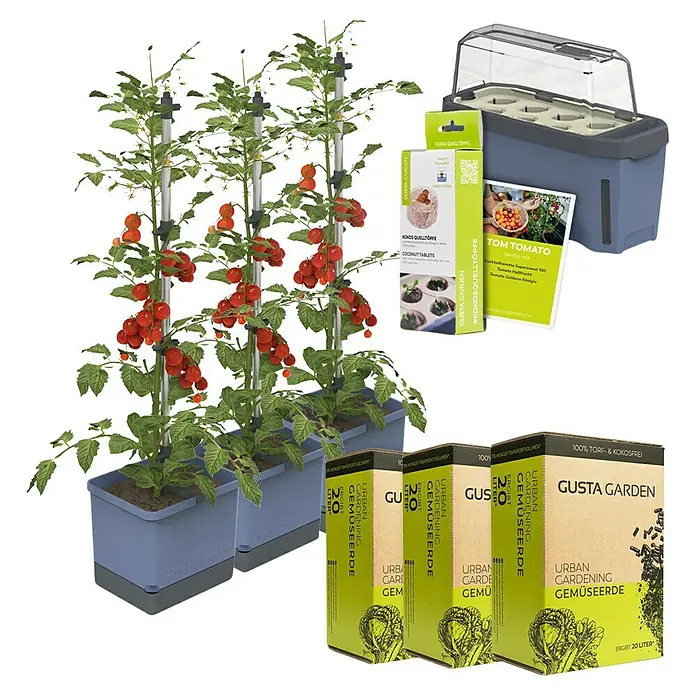Gusta Garden Anzucht-Set Tomaten-Power - 9 -tlg., Blau - Produktbild eines Urban Gardening Sets mit Tomatenpflanzen, Erde und Anzuchthilfen für den Garten.