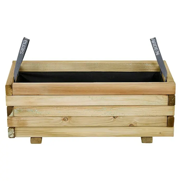 Siena Garden Pflanzkübel eckig Taunus - Außenmaß (L x B x H): 70 x 30 x 28 cm, Holz, Naturbraun - Nahaufnahme eines rustikalen Holz-Pflanzkastens mit stabilen Tragegurten und schwarzem Innenauskleidung. Ideal für Garten und Terrasse.