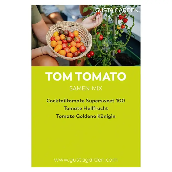 Gusta Garden Anzucht-Set Tomaten-Starter-Set - 5 -tlg., Hellgrau - Abbildung von "Tom Tomato" Samen-Mix, darunter Cocktailtomate Supersweet 100, Tomate Hellfrucht und Tomate Goldene Königin von Gusta Garden.