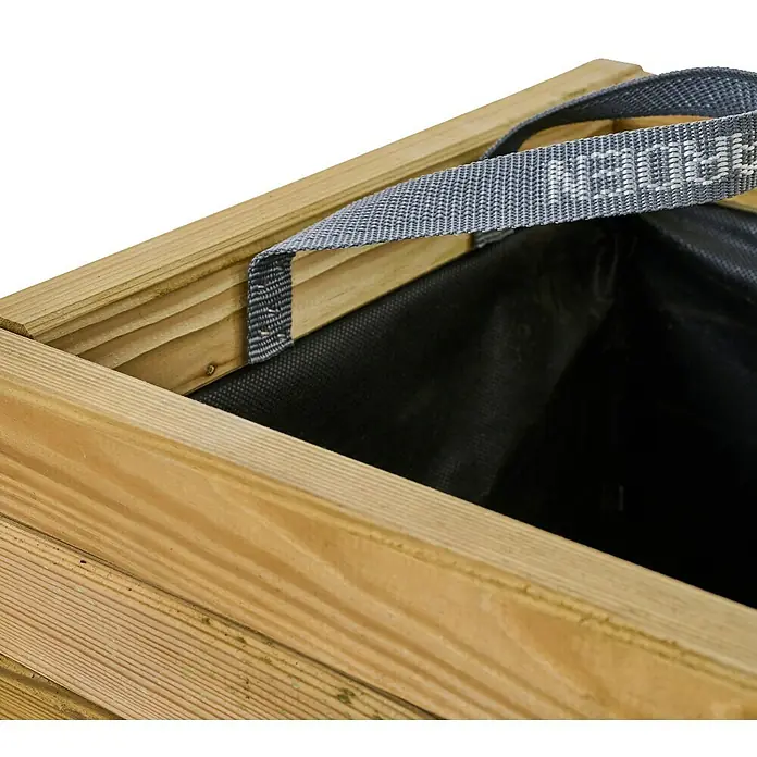 Siena Garden Pflanzkübel eckig Taunus - Außenmaß (L x B x H): 90 x 40 x 33 cm, Holz, Naturbraun - Detailaufnahme eines Holzpflanzkastens mit schwarzem Einsatz und grauem Trageband. Ideal für Garten und Terrasse.