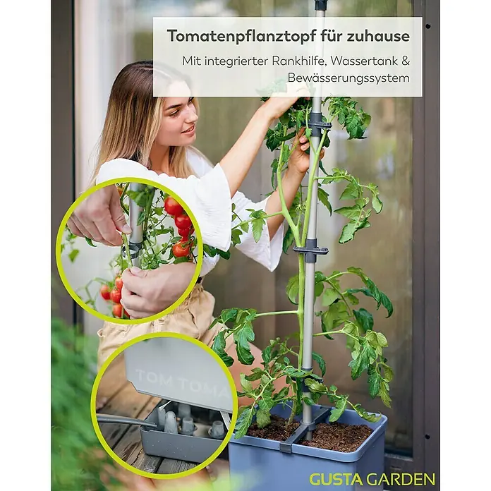 Gusta Garden Anzucht-Set Tomaten-Starter-Set - 5 -tlg., Blau - Tomatenpflanztopf für Zuhause mit integrierter Rankhilfe, Wassertank & Bewässerungssystem. Ideal für den Anbau von Tomaten auf kleinem Raum.
