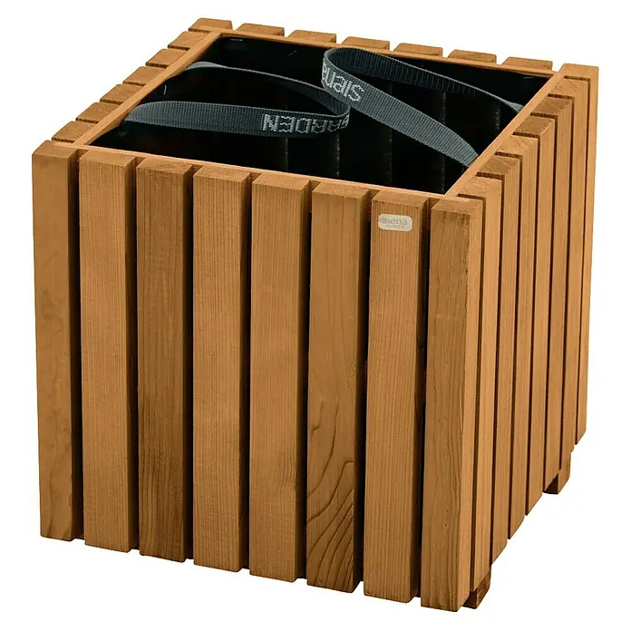 Siena Garden Pflanzkasten Oskar - Außenmaß (L x B x H): 40 x 40 x 40 cm, Holz, Naturbraun - Hier ist ein quadratischer Pflanzkübel aus Holz mit schwarzen Tragegurten im Inneren, ideal für Ihren Garten oder Ihre Terrasse.