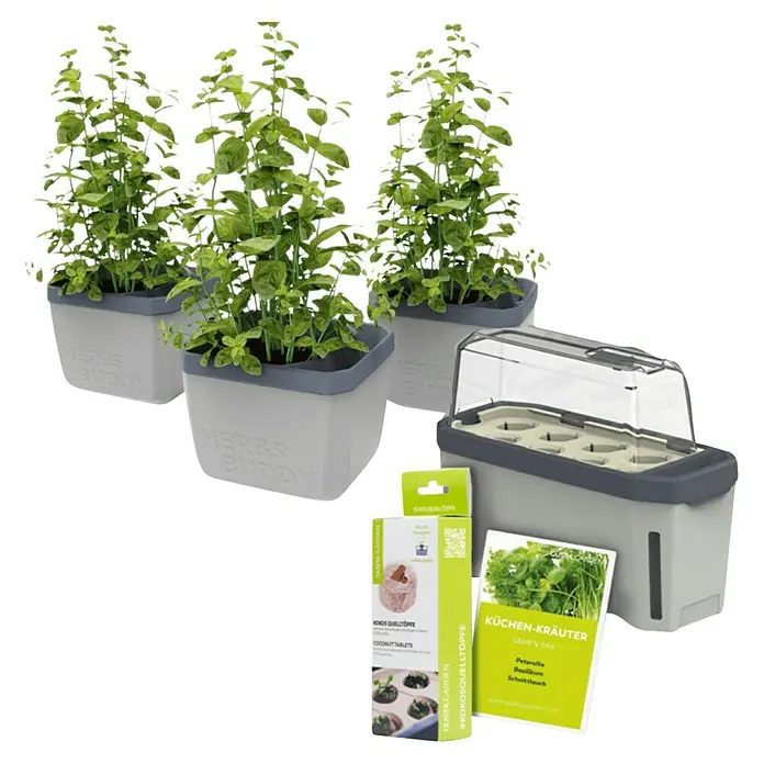 Gusta Garden Anzucht-Set Stadtkräutergarten Set - 6 -tlg., Hellgrau - Kräutergarten-Set mit Anzuchttöpfen, Anzuchtstation und Saatgut für den einfachen Anbau frischer Küchenkräuter zu Hause.