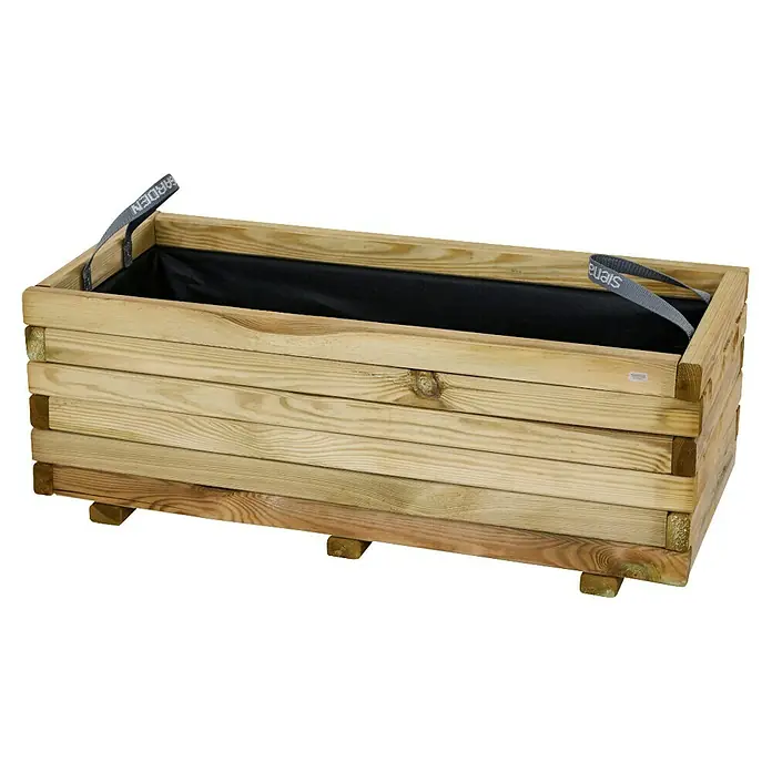 Siena Garden Pflanzkübel eckig Taunus - Außenmaß (L x B x H): 90 x 40 x 33 cm, Holz, Naturbraun - Ein rechteckiger, hölzerner Pflanzkasten mit schwarzem Innenfutter und grauen Tragegurten, ideal für den Garten oder die Terrasse, ist abgebildet.