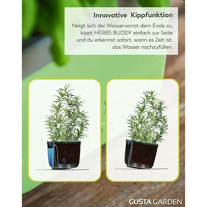Gusta Garden Anzucht-Set Stadtkräutergarten Set - 6 -tlg., Dunkelgrau - Das Bild zeigt den Kräutertopf HERBS BUDDY mit innovativer Kippfunktion, um den Wasserstand einfach zu überprüfen.