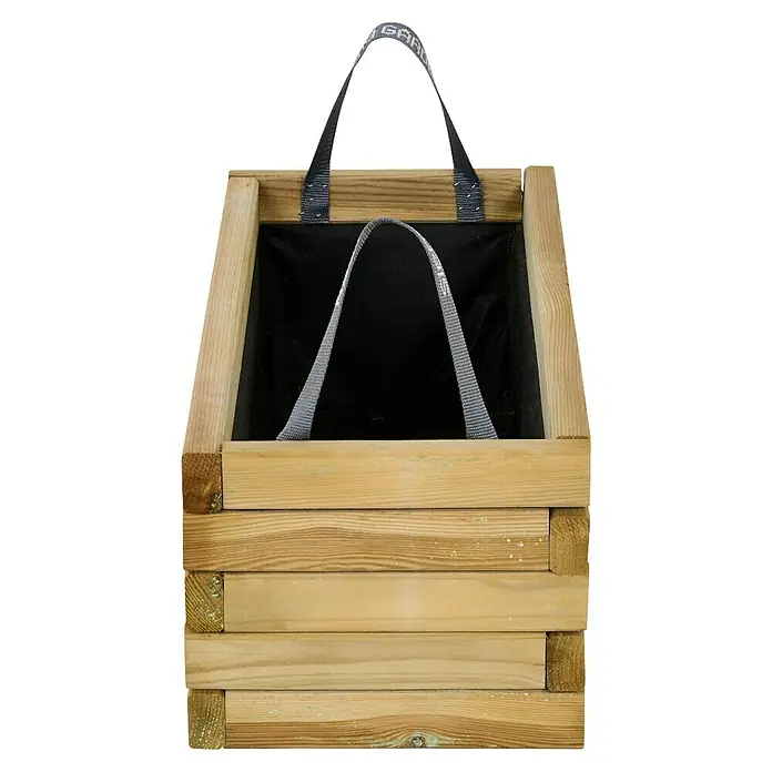 Siena Garden Pflanzkübel eckig Taunus - Außenmaß (L x B x H): 70 x 30 x 28 cm, Holz, Naturbraun - Nahaufnahme eines quadratischen, hölzernen Pflanzgefäßes mit einem schwarzen Innentopf und Tragegurten. Das Produkt ist ideal für Haus und Garten.