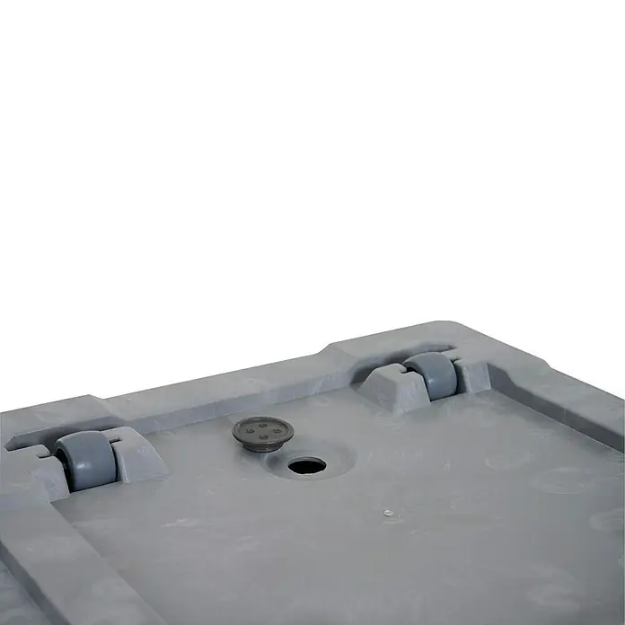 Siena Garden Pflanzkübel eckig Faro Stone - Außenmaß (L x B x H): 40 x 40 x 60 cm, Kunststoff, Grau - Nahaufnahme der grauen Rollen und des Ablauflochs eines Transportbehälters, ideal für Lagerung und Transport.