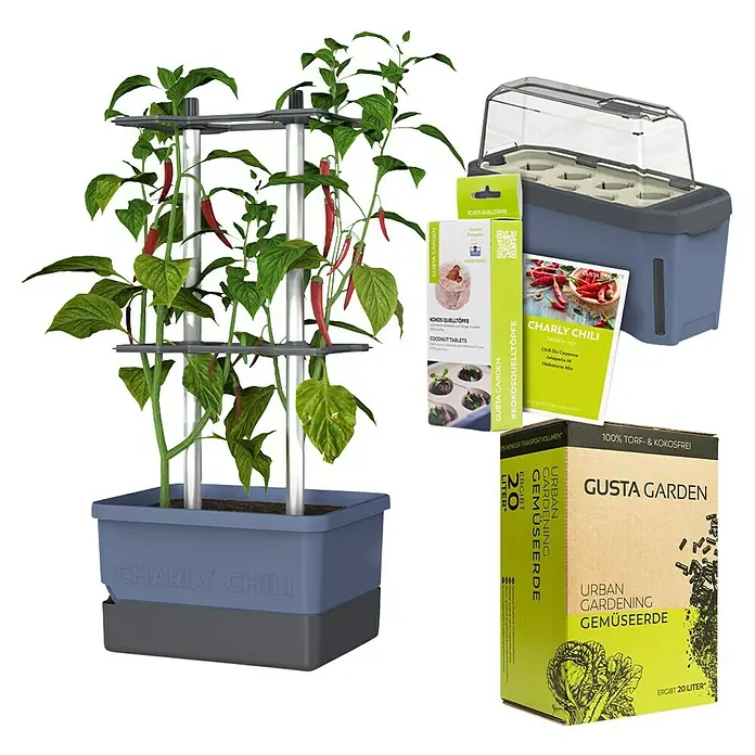 Gusta Garden Anzucht-Set Chili-Starter-Set - 5 -tlg., Blau - Charly Chili: Ein Set für den urbanen Gartenbau mit Chili-Pflanzen, Kokos-Quelltöpfen, Gemüseerde und einem Mini-Gewächshaus.