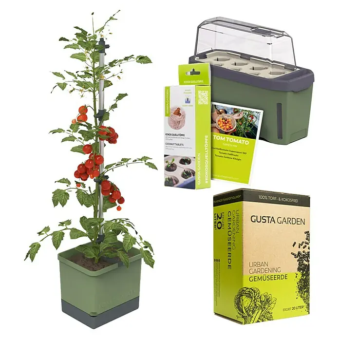 Gusta Garden Anzucht-Set Tomaten-Starter-Set - 5 -tlg., Dunkelgrün - Tom Tomato Starterset mit Tomatensamen, Quelltöpfen, Anzuchtkasten und Dünger für den Anbau von Tomaten auf kleinem Raum.