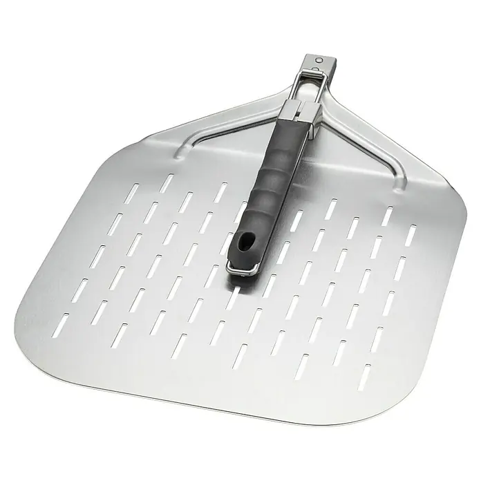 Dick Pizzaschaufel - Edelstahl, L x B: 63 x 32 cm - Eine gelochte Pizzaschaufel aus Edelstahl mit schwarzem Griff und klappbarem Griff. Ideal für Pizzaöfen und Grillen.