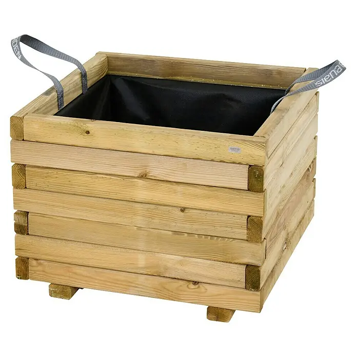Siena Garden Pflanzkübel eckig Taunus - Außenmaß (L x B x H): 50 x 50 x 38 cm, Holz, Naturbraun - Hölzerner Pflanzkasten mit schwarzem Inneneinsatz und Tragegriffen für Garten oder Terrasse. Ideal für Blumen und Kräuter.