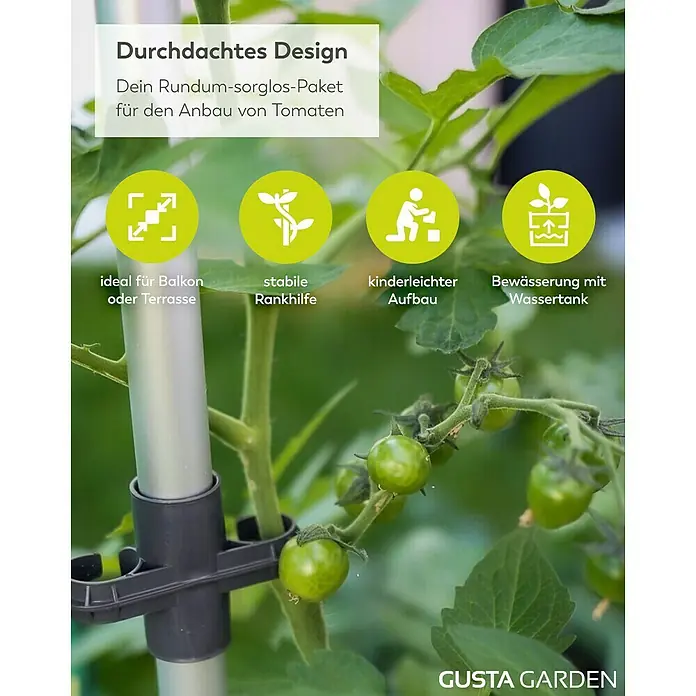 Gusta Garden Anzucht-Set Tomaten-Power - 9 -tlg., Dunkelgrün - Tomatenzucht-Set mit durchdachtem Design für Balkon und Terrasse. Das Set beinhaltet eine Rankhilfe, einfachen Aufbau und Bewässerung mit Wassertank.