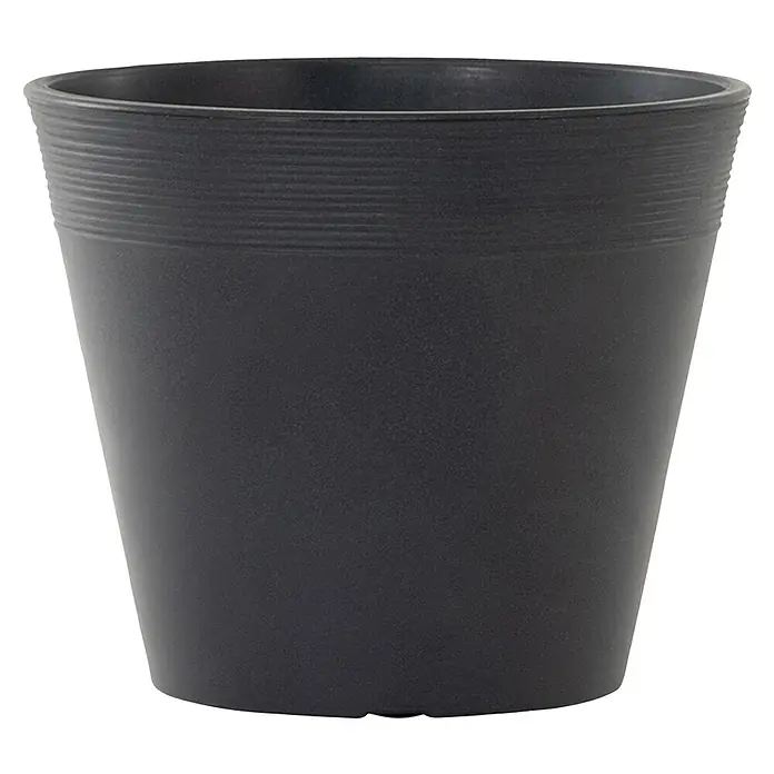 Siena Garden Pflanztopf Malaga - Außenmaß (Ø x H): 48 x 32 cm, Kunststoff, Anthrazit - Nahaufnahme eines schwarzen Pflanztopfes mit Rippenmuster am oberen Rand, ideal für Zimmer- und Gartenpflanzen.