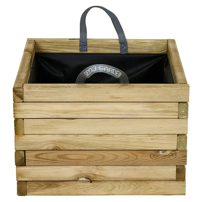 Siena Garden Pflanzkübel eckig Taunus - Außenmaß (L x B x H): 50 x 50 x 38 cm, Holz, Naturbraun - Nahaufnahme eines quadratischen Pflanzgefäßes aus Holz mit schwarzen Einsätzen und grauem Griff vor einem schwarzen Hintergrund.
