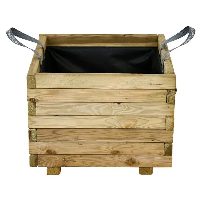 Siena Garden Pflanzkübel eckig Taunus - Außenmaß (L x B x H): 50 x 50 x 38 cm, Holz, Naturbraun - Nahaufnahme eines quadratischen, erhöhten Pflanzkastens aus Holz mit Tragegriffen.