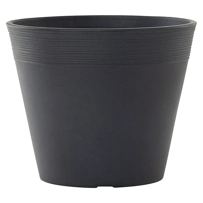 Siena Garden Pflanztopf Malaga - Außenmaß (Ø x H): 58 x 48 cm, Kunststoff, Anthrazit - Nahaufnahme eines schwarzen Pflanztopfs mit geripptem Rand. Ideal für Zimmerpflanzen und Garten.