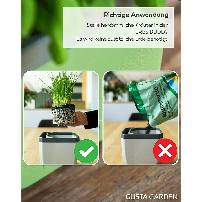 Gusta Garden Anzucht-Set Stadtkräutergarten Set - 6 -tlg., Hellgrau - Richtige und falsche Anwendung des HERBS BUDDY Kräutertopfes. Es wird keine zusätzliche Erde benötigt.