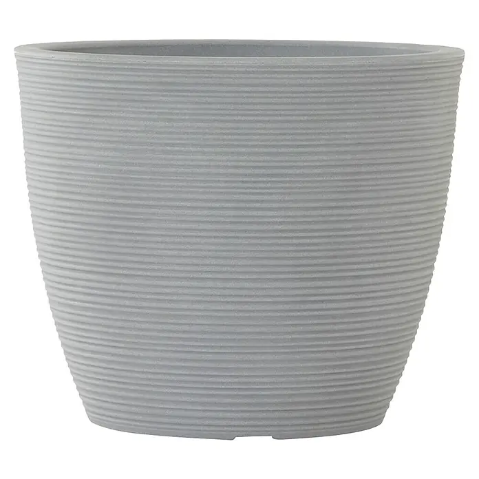 Siena Garden Pflanztopf Sevilla - Außenmaß (Ø x H): 58 x 50 cm, Kunststoff, Grau - Nahaufnahme eines modernen, hellgrauen Blumentopfs mit horizontalen Rillen, ideal für stilvolle Zimmerpflanzen.
