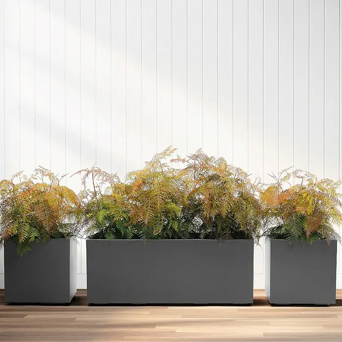 Pflanzkasten Greener KEBE - Außenmaß (L x B x H): 99,5 x 39,5 x 39,5 cm, Kunststoff, Anthrazit - Drei moderne Pflanzgefäße in verschiedenen Größen mit üppigem Grün vor einer weißen Holzwand. Schlichtes Design für den Innen- oder Außenbereich.