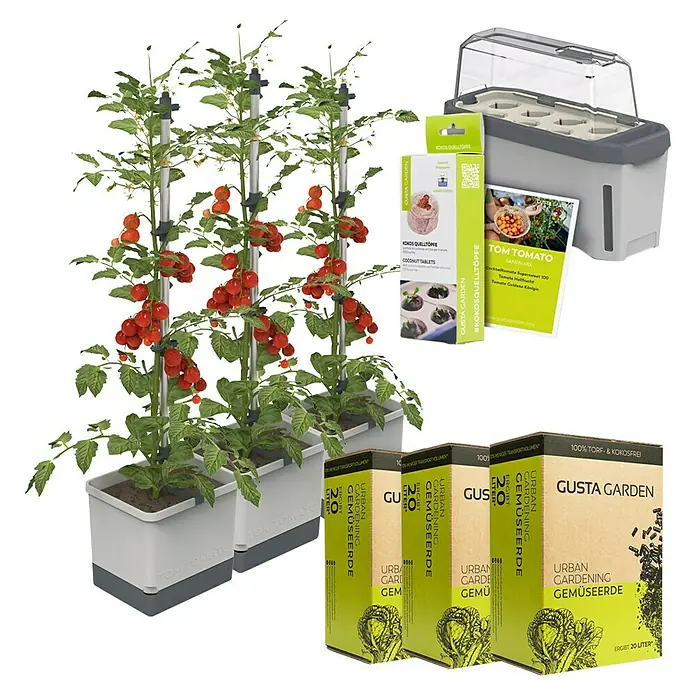 Gusta Garden Anzucht-Set Tomaten-Power - 9 -tlg., Hellgrau - Produktbild von Tomatenpflanzen-Set mit Anzuchttopf, Kokos-Quelltöpfen und Gemüserde für den städtischen Gartenanbau.