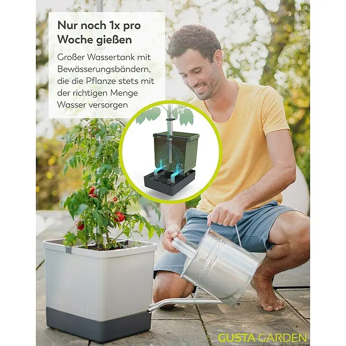 Gusta Garden Anzucht-Set Tomaten-Starter-Set - 5 -tlg., Hellgrau - Mann gießt einen Gusta Garden Pflanzkasten mit Tomatenpflanze. Das Bewässerungssystem sorgt für eine ideale Wasserversorgung.