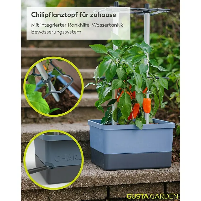 Gusta Garden Anzucht-Set Chili-Starter-Set - 5 -tlg., Blau - Chili-Pflanztopf für Zuhause mit Rankhilfe, Wassertank und Bewässerungssystem. Ideal für den Anbau von Chili Pflanzen auf dem Balkon oder der Terrasse.