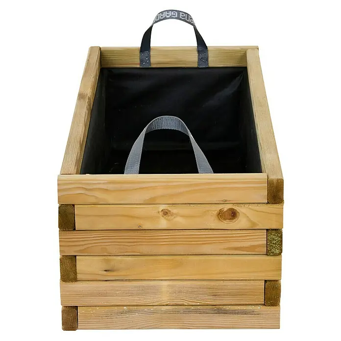 Siena Garden Pflanzkübel eckig Taunus - Außenmaß (L x B x H): 90 x 40 x 33 cm, Holz, Naturbraun - Nahaufnahme eines quadratischen, mehrschichtigen Pflanzgefäßes aus Holz mit schwarzem Stoffeinsatz und stabilen Tragegriffen.