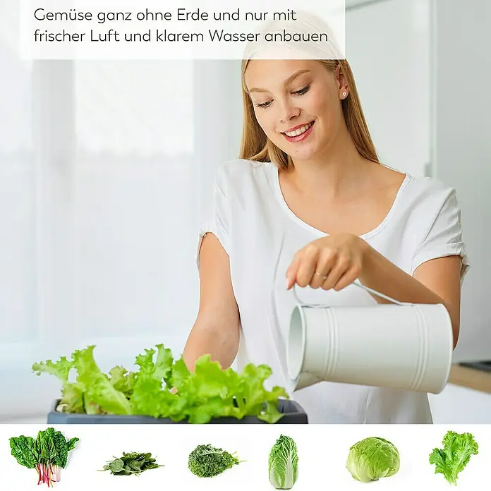 Gusta Garden Anzucht-Set Chili-Starter-Set - 5 -tlg., Hellgrau - Bild einer Frau, die Gemüse in einem Hydrokultursystem mit frischer Luft und klarem Wasser anbaut.