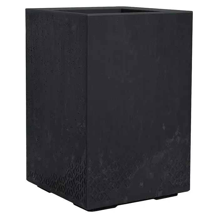 Siena Garden Pflanzkübel eckig Faro Stone - Außenmaß (L x B x H): 40 x 40 x 60 cm, Kunststoff, Schwarz - Schwarzer Pflanzkübel in Würfelform mit subtilen geometrischen Mustern an der Basis, ideal für den Innen- und Außenbereich.