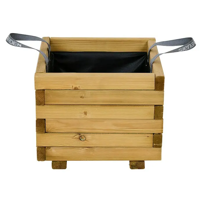 Siena Garden Pflanzkübel Taunus - Außenmaß (L x B x H): 40 x 40 x 33 cm, Holz, Naturbraun - Nahaufnahme eines hölzernen Hochbeets mit Innenauskleidung und Tragegurten für den Transport im Garten.