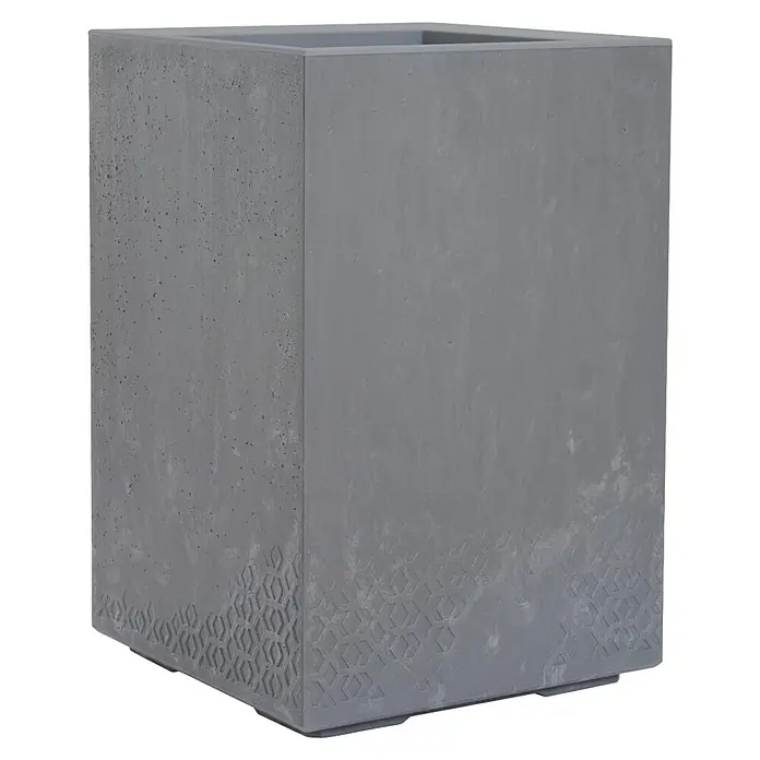 Siena Garden Pflanzkübel eckig Faro Stone - Außenmaß (L x B x H): 40 x 40 x 60 cm, Kunststoff, Grau - Grauer Betonblumenkasten mit geometrischem Muster am unteren Rand, ideal für den Außenbereich und moderne Gartengestaltung.