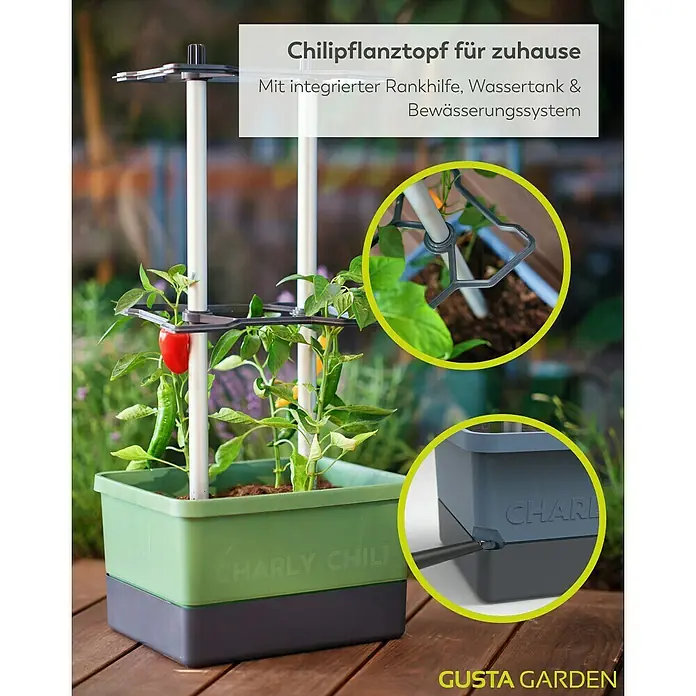 Gusta Garden Anzucht-Set Chili-Starter-Set - 5 -tlg., Dunkelgrün - Der Charly Chili Pflanztopf für Zuhause mit Rankhilfe, Wassertank und Bewässerungssystem. Ideal für den Anbau von Chili Pflanzen.
