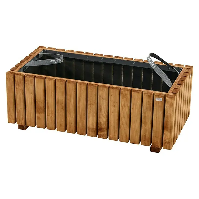 Siena Garden Pflanzkasten Oskar - Außenmaß (L x B x H): 100 x 40 x 40 cm, Holz, Naturbraun - Fotografie eines rechteckigen Hochbeets mit einer Auskleidung und einem Tragegurt, ideal für Gartenliebhaber.