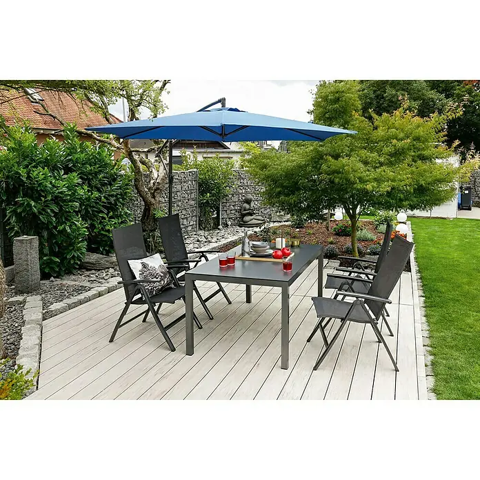 Sunfun Maja Gartenmöbel-Set II - 5 -tlg., Glas/Textilen, Anthrazit - Gartenset mit Esstisch, Stühlen und Sonnenschirm auf einer Terrasse, ideal für Mahlzeiten im Freien.