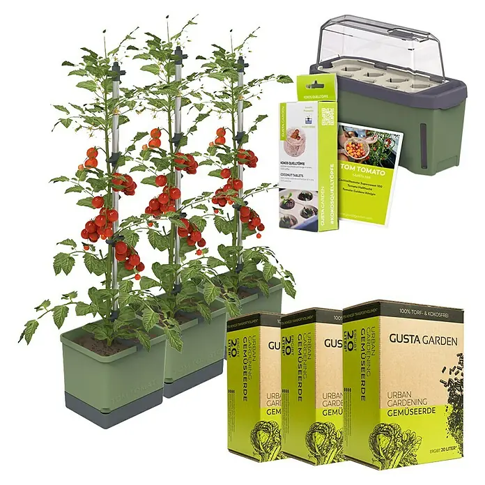 Gusta Garden Anzucht-Set Tomaten-Power - 9 -tlg., Dunkelgrün - Tomatenzucht-Set mit Pflanzkästen, Kokos-Quelltabletten, Anzuchtkasten und Urban Gardening Gemüseerde für den eigenen Anbau.