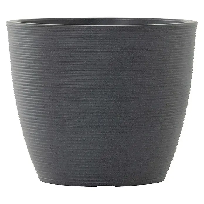 Siena Garden Pflanztopf Sevilla - Außenmaß (Ø x H): 48 x 40,7 cm, Kunststoff, Anthrazit - Nahaufnahme eines geriffelten, grauen Pflanzgefäßes, perfekt für Zimmerpflanzen oder den Garten, das durch sein schlichtes und modernes Design besticht.