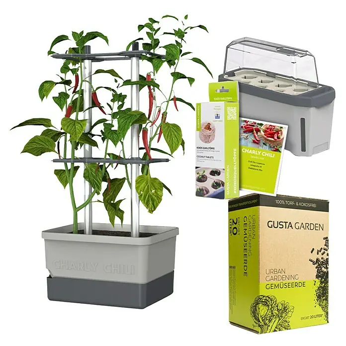 Gusta Garden Anzucht-Set Chili-Starter-Set - 5 -tlg., Hellgrau - Produktbild eines Charly Chili Anbausets mit allem Zubehör für den erfolgreichen Anbau von Chili Pflanzen zu Hause.