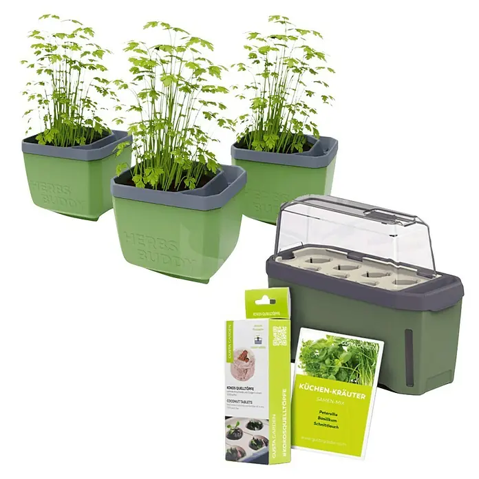 Gusta Garden Anzucht-Set Stadtkräutergarten Set - 6 -tlg., Dunkelgrau - Ein Kräutergarten-Set mit Töpfen, Anzuchtkasten und Zubehör für den einfachen Anbau frischer Küchenkräuter zu Hause.