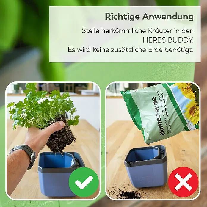 Gusta Garden Anzucht-Set Stadtkräutergarten Set - 6 -tlg., Dunkelgrau - Anleitung zur Verwendung des HERBS BUDDY: Kräuter ohne zusätzliche Erde einsetzen.