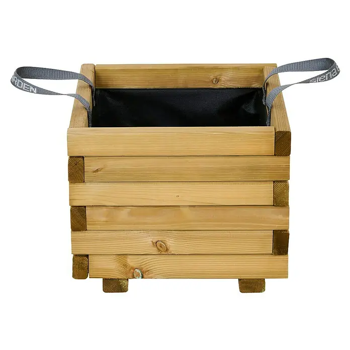 Siena Garden Pflanzkübel eckig Taunus - Außenmaß (L x B x H): 40 x 40 x 33 cm, Holz, Naturbraun - Nahaufnahme einer quadratischen Siena Garden Pflanzkasten aus Holz mit Tragegurten und schwarzem Pflanzensack.