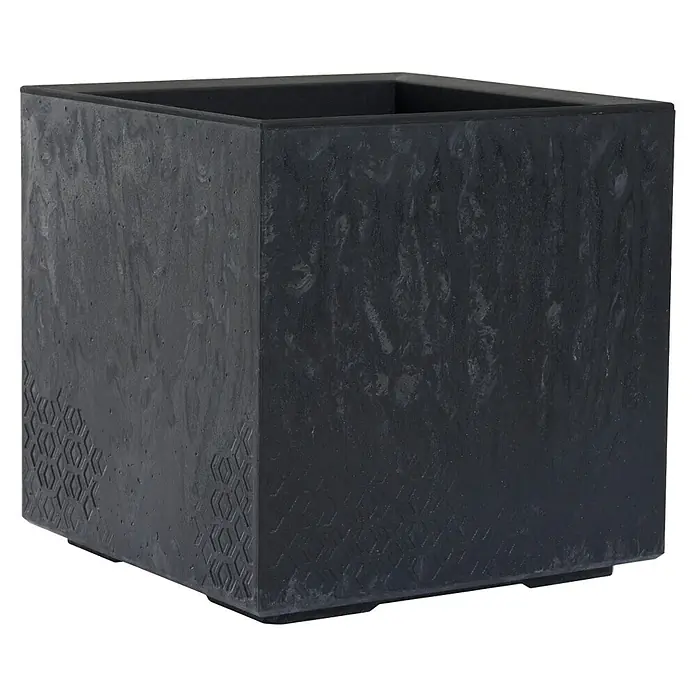 Siena Garden Pflanzkübel eckig Faro Stone - Außenmaß (L x B x H): 40 x 40 x 40 cm, Kunststoff, Schwarz - Ein dunkler, quadratischer Pflanzkübel mit einem dezenten, geometrischen Muster am unteren Rand. Ideal für moderne Gärten und Innenräume.