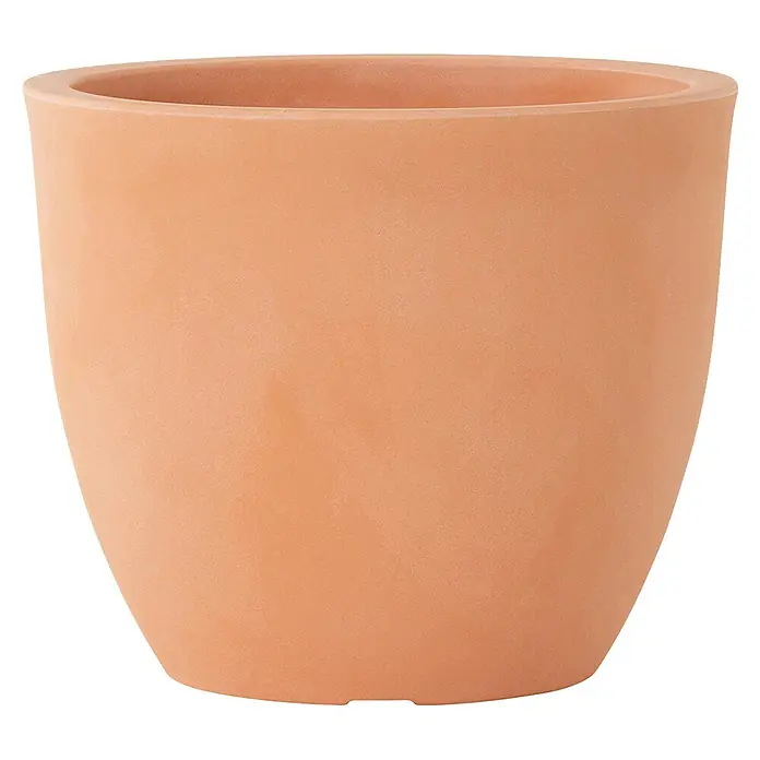 Siena Garden Pflanztopf Bristol - Außenmaß (Ø x H): 60 x 46 cm, Kunststoff, Terrakotta - Nahaufnahme eines Terrakotta-Blumentopfes mit einer glatten, abgerundeten Form und einer warmen, erdigen Farbe vor schwarzem Hintergrund.