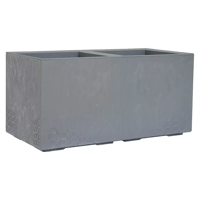 Siena Garden Pflanzkasten Faro Stone - Außenmaß (L x B x H): 40 x 80 x 40 cm, Kunststoff, Grau - Nahaufnahme eines grauen, rechteckigen Pflanzgefäßes mit dekorativen Mustern, das sich ideal für den Außenbereich eignet.